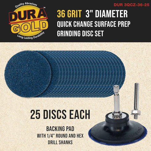 3 Inch 36 (25 Set) Dura-Gold Grinding Discs, Grit Disc with R-Type Roll Lock Adapter & Backing Pad - Quick Change