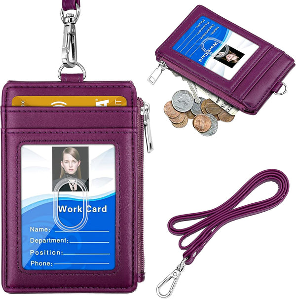ELV PU Leather ID Badge Holder with Zipper, 5 Card Slots, RFID Blocking Pocket, 20 inch Neck Lanyard, Purple