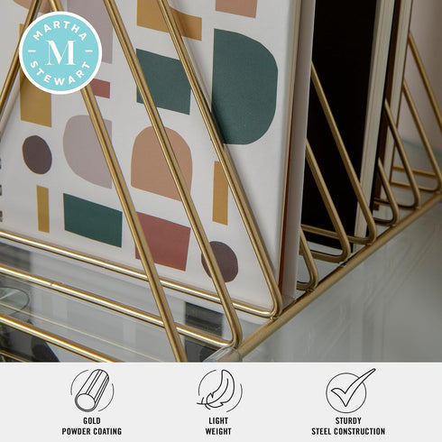 Martha Stewart Ryder Gold Mesh Metal 9 Slot Triangle Magazine File Holder, Desktop Organizer