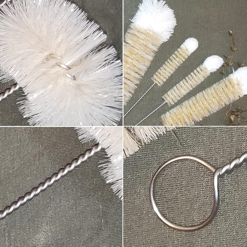 Stainless Steel Soda Bottle Cleaning Brush Set, Natural Boar Bristle Wool Tip, Long Handle for Narrow Neck Bottles (5)
