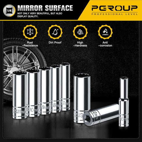 1/4 Inch Drive Socket Set - 8 Piece Metric Deep Socket Set (6mm to 13mm) with Sturdy Holder - Cr-V Steel