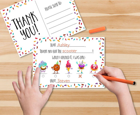 Kids Fill in the Blank Thank You Postcards - 25 Card Set, Fun Gender Neutral Thank You Notes for Boys or Girls