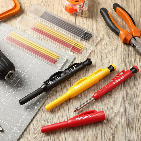 Hiboom 3 Pack Solid Carpenter Pencil with Cap and 21 Pcs Refills, Deep Hole Mechanical Pencil Marker for Woodworking