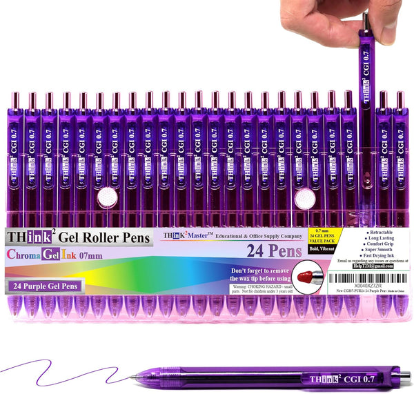 THINK2MASTER 24 Pens - Purple Ink, 0.7mm CGI Retractable Gel Pens, Medium Point Rollerball with Quick Drying Ink