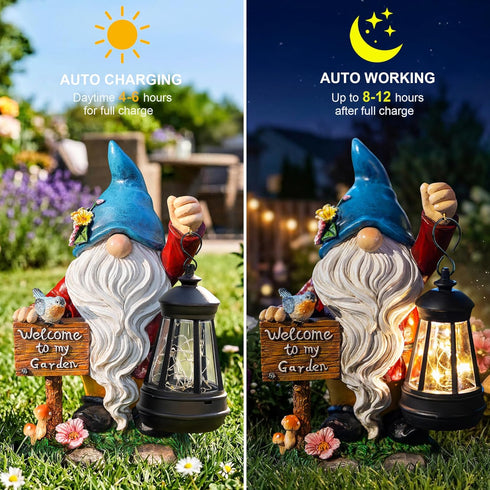 ZQQLITE Garden Gnome Statues Figurine Lights - Solar Powered Lighting Outdoor Decorations with Lantern & Welcome Sign