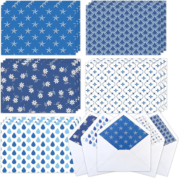 T&M Quality Designs LLC 100 All Occasion Assorted Blank Cards 5 Blue Pattern Designs Stationery with