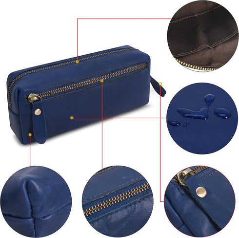 WONDERPOOL Pen Case Real Leather Pencil Pouch Markers Holder Big Capacity Bag with Side Zippered Pocket for Stationery