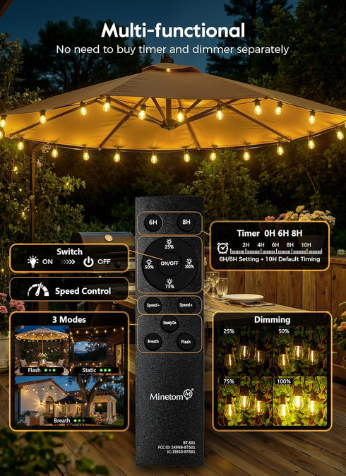 34FT 9 S14 Bulb, 3 Dimmable Minetom Solar String Lights Outdoor Waterproof, LED Shatterproof Patio Lights with Remote