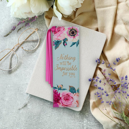Christian Art Gifts Vegan Leather Scripture Bookmark - Inspirational Bible Verse, Mint Green Floral Design