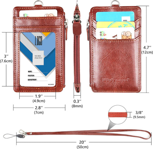 Wisdompro Badge Holder with Zip - 2-Sided Vertical PU Leather ID Holder with 1 ID Window, 4 Card Slots, Brown