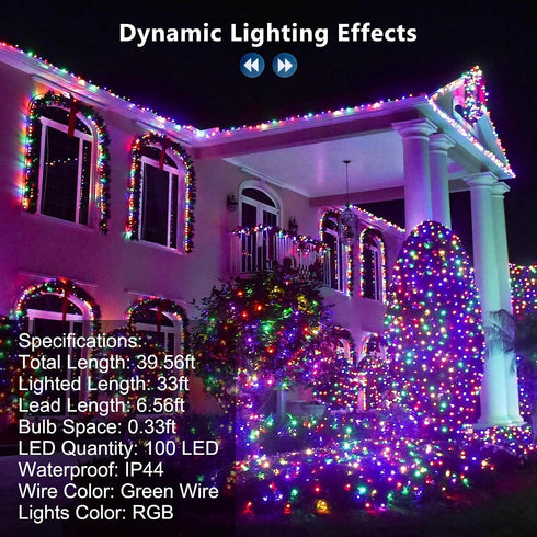 33ft 100 Dimmable Brizled Christmas String Lights, LED Color Changing Christmas Lights with Remote, RGB Christmas Tree