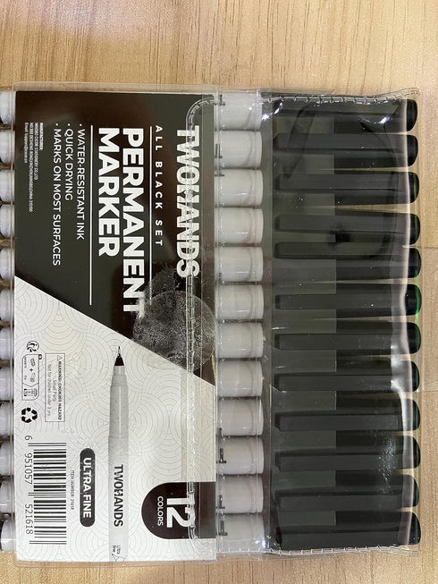 TWOHANDS Permanent Markers, Ultra Fine Tip, 0.5mm, Black, 12 Count