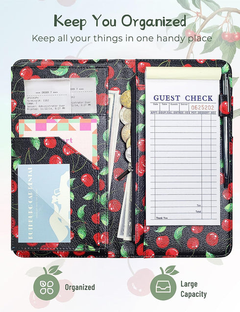 4.7 9 Mymazn X Cherry Server Book with Zipper Pocket Bling Waitress Book with Money Pocket and Magnetic Closure