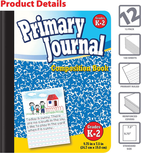 Better Office Products Primary Journal, Hardcover, 100 Sheet Notebook for Grades K-2, One Subject