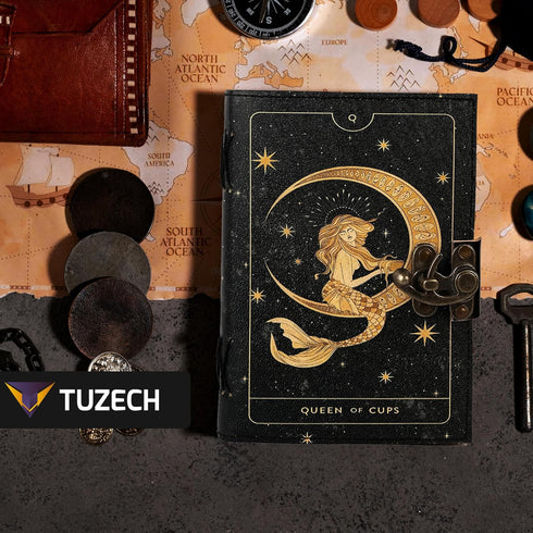 TUZECH Book of Spells Leather Bound Journal, Antique Vintage Grimoire Diary for Witchcraft (Queen of Cups)