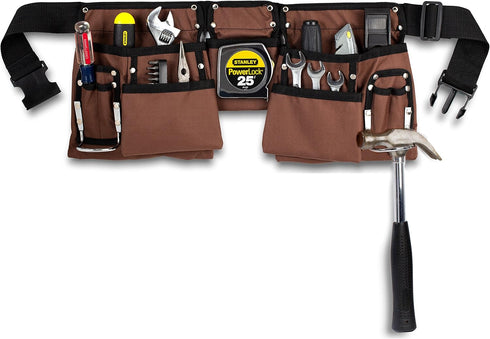 11 Pocket Heavy Duty Construction Tool Belt - Brown and Black Work Apron with Poly Web Belt, Adjusts 33 to 50