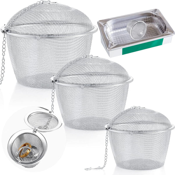 Ultrasonic Cleaner Baskets, Stainless Steel Parts Cleaner Jewelry Steam Cleaner Basket with Lock and Hook (3 Pieces)