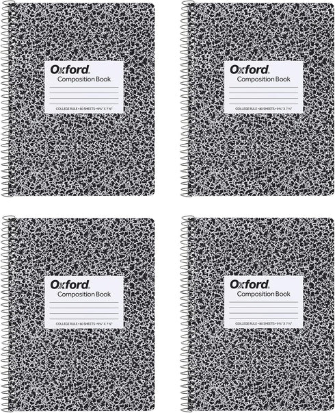 Oxford Spiral Composition Notebooks, 4 Pack, College Ruled Paper, 9-3/4 x 7-1/2 Inches, 80 Sheets, Black Marble Cover