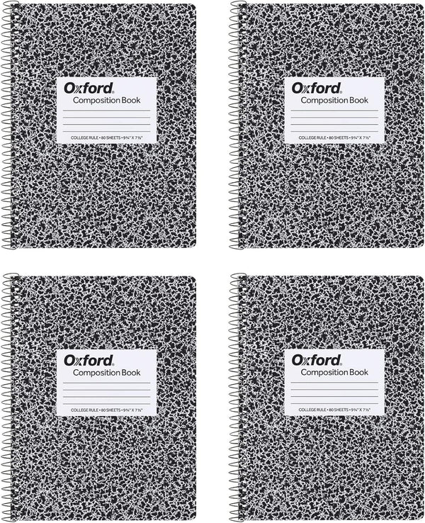 Oxford Spiral Composition Notebooks, 4 Pack, College Ruled Paper, 9-3/4 x 7-1/2 Inches, 80 Sheets, Black Marble Cover