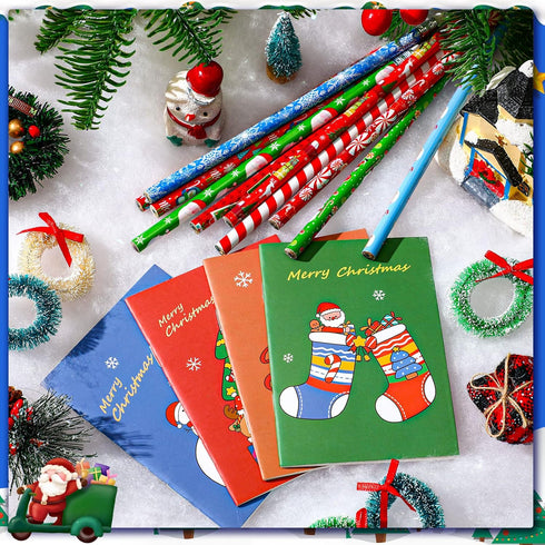 Yexiya 72 Pcs Christmas Notebooks and Pencils Bulk Set, Holiday Small Notebooks and Wooden Pencils
