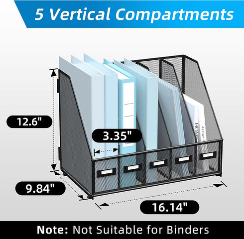 SUPEASY Metal Desk Magazine File Holder with 5 Vertical Compartments, Black Organizer for Office Desktop