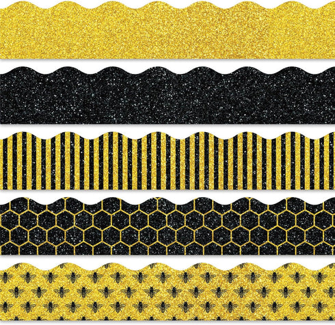 Whaline 69Ft Summer Glitter Bulletin Board Borders with 5 Designs for Bee Theme Decoration Trim for Classroom Office