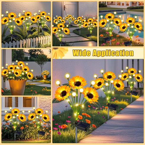 4 Pack Solar Sunflower Lights Outdoor Garden Decor, Upgraded with Firefly Lights, Waterproof Solar Flower Stake
