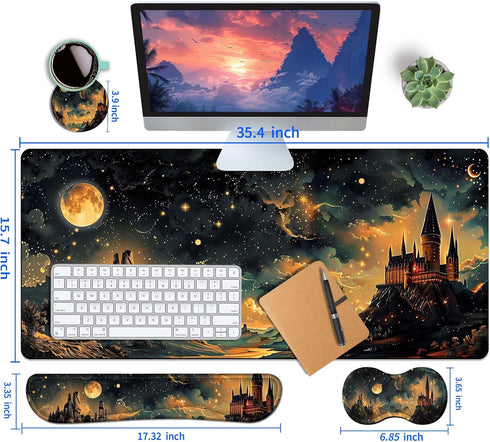 HaoSiTeck 4-Piece Set 35.4 15.7 Extended Large Mouse Pad for Women Men with Castle Night Design Includes x XXL Large