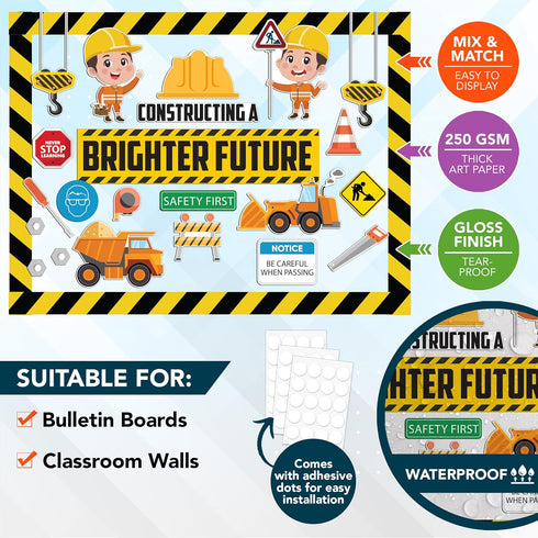 Decorably 81 Pcs Construction Theme Bulletin Board Decorations Set with Accompanying Borders for Classroom Decor