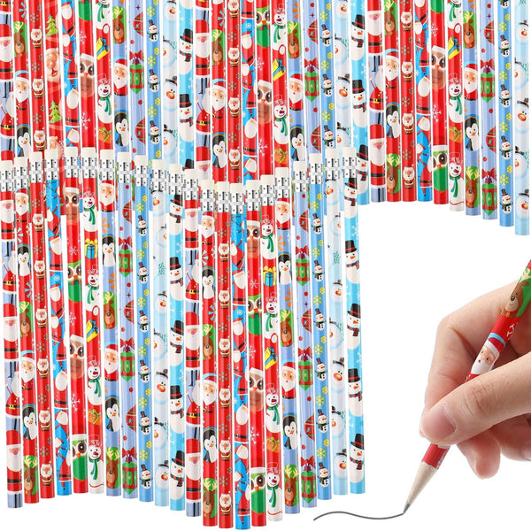 Christmas Pencils for Kids, Mini Wooden Xmas Pencils and Erasers, Colorful Patterns for Christmas Party Supplies