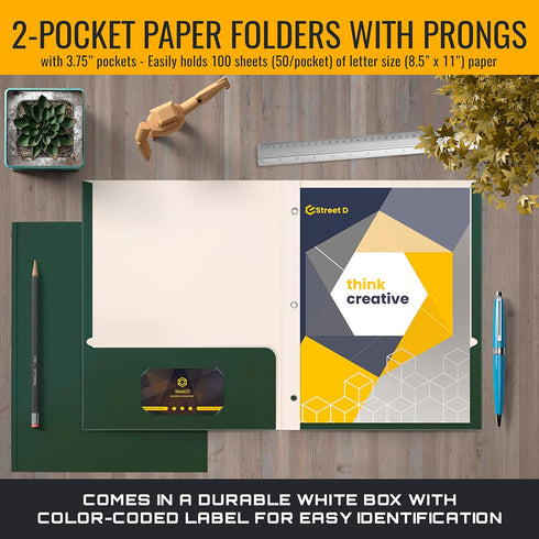 Better Office Products Dark Green 2 Pocket Folders with Prongs, 50 Pack, Letter Size, Matte Texture