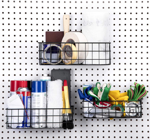 Pegboard Baskets, Set of 3 Black, Square Style Baskets for Organizing Tools, Workbench, Garage Storage
