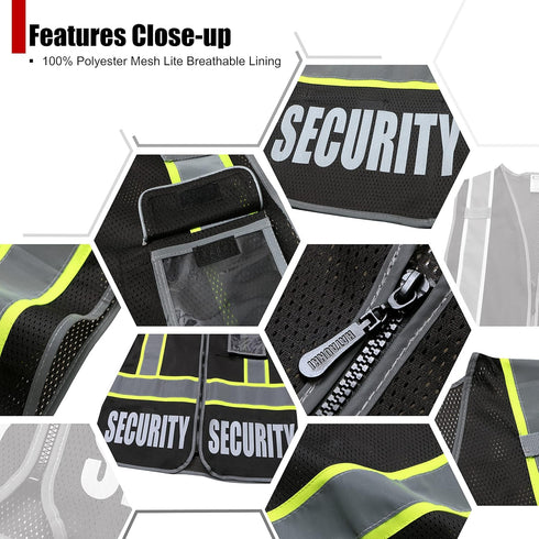 Heavy Duty Black Mesh Retro-Reflection Security Safety Vests with 5 Pockets and Front Zipper, Meet ANSI/ISEA 107-2015