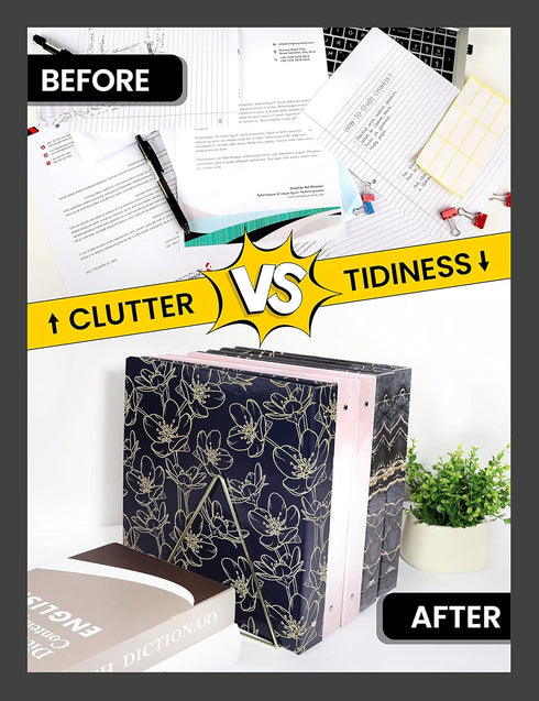 SUNEE 1 Inch 3 Ring Binder with 2 Pockets, Decorative Black Marble Heavy Duty for School Office Supplies