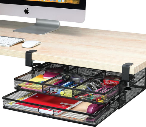 Under Desk Drawer Organizer, Clamp-On Mesh Metal Attachment with 2 Slide Out Drawers for Office Supplies