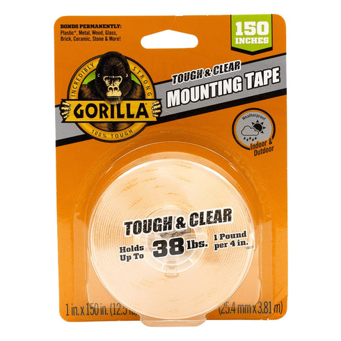 Gorilla Tough & Clear Double Sided Mounting Tape, Weatherproof Clear Tape, 1" x 150" (Pack of 1) for Indoor Outdoor