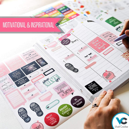 Vladi Creative Cute Colorful Planner Stickers – 1054 pcs / 15 Sheets – Functional & Decorative Icons, Dates, Weather,