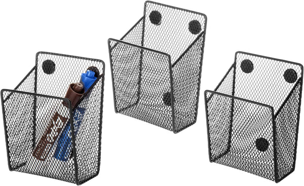 MyGift Black Metal Mesh Magnetic Pen Pencil Marker Holder, Set of 3, Whiteboard Accessories Storage Basket, School