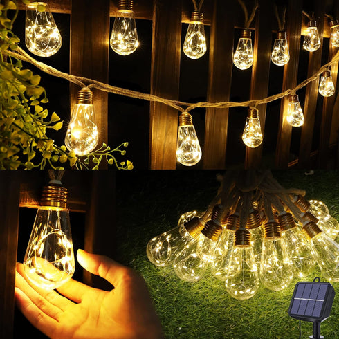 Solar Outdoor String Lights, 20Ft Vintage Rope Hemp Solar Patio Lights, Waterproof
