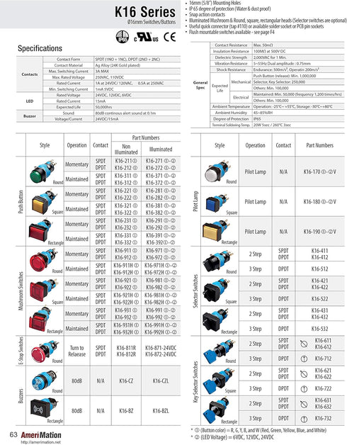 K16-S115-R-24VDC, Bulb, K16 24VDC LED Switch, Red
