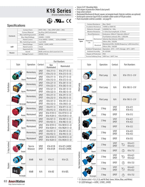 K16-S115-Y-6VDC, Bulb, K16 6VDC LED Switch, Yellow