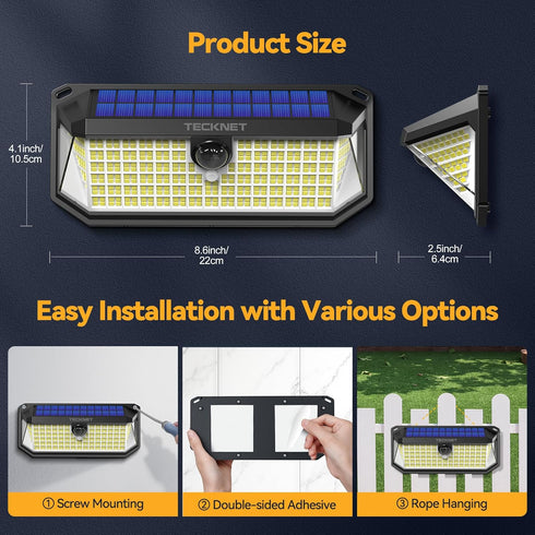 416 300 3 2 Pack IP66 TECKNET LED Solar Lights Outdoor Waterproof, Angle & Lighting Modes Motion Sensor Outdoor Lights