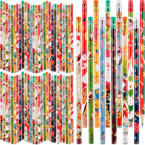 Kolewo4ever Christmas Pencils 100 Pieces, Xmas Wood Pencils with Eraser Tops, Snowman, Santa, Elk, 12 Styles