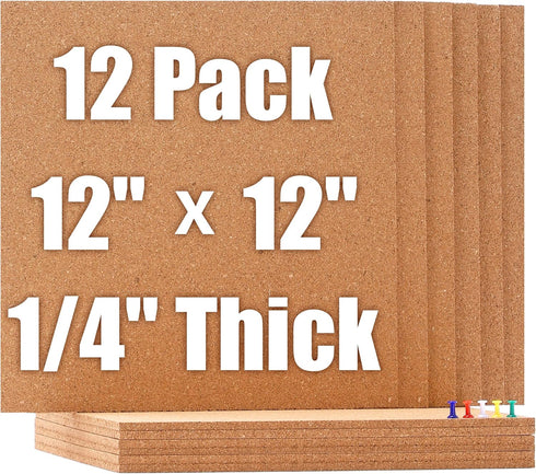 SUNGIFT Cork Board 12"x12" - 12 Pack Bulletin Boards, 1/4" Thick Square Decorative Cork Tiles with 100 PCS Push Pins