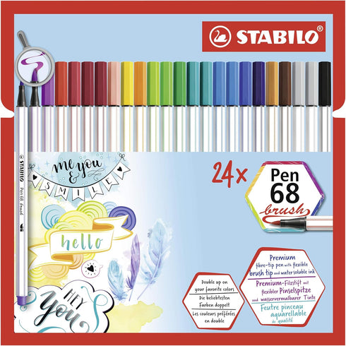 STABILO Premium Fibre-Tip Pen with Brush Tip, Pack of 24, Assorted Colours