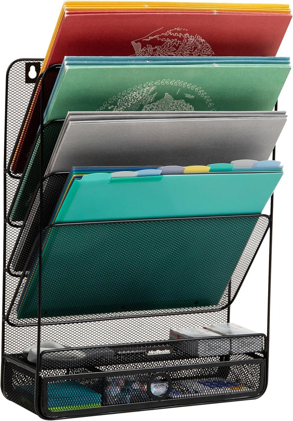 Mind Reader 4-Tier Vertical File Storage, Desktop Organizer, Wall Mount, Metal Mesh, 12.5" L x 4" W x 16.5" H, Black