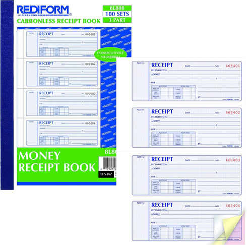 Rediform 11" 8", 100 Sets (8L808) Money Receipt Book, Manifold Cover, Carbonless Triplicate Forms, x Numbered