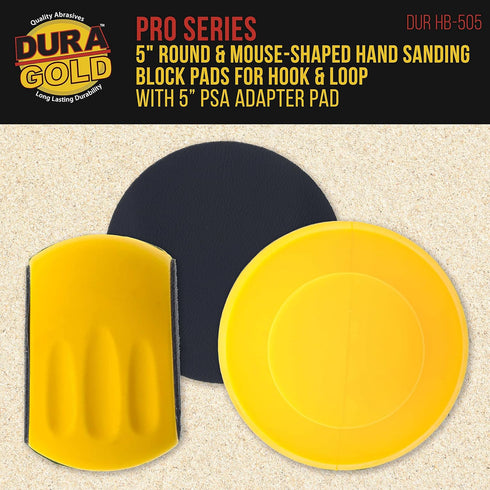 Dura-Gold Pro Series 5" Round & Mouse-Shaped Hand Sanding Block Pads - Hook & Loop and PSA Adapter Pad for Sanding