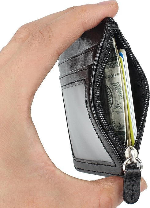 Wisdompro 2-Sided PU Leather ID Badge Holder with Zip, 1 ID Window, 4 Card Slots, 1 Side Zipper Pocket, 20 Inch Lanyard