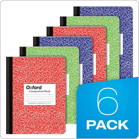 Oxford Composition Notebook 6 Pack, College Ruled Paper, 9-3/4 x 7-1/2 Inches, 100 Sheets, Assorted Marble Covers
